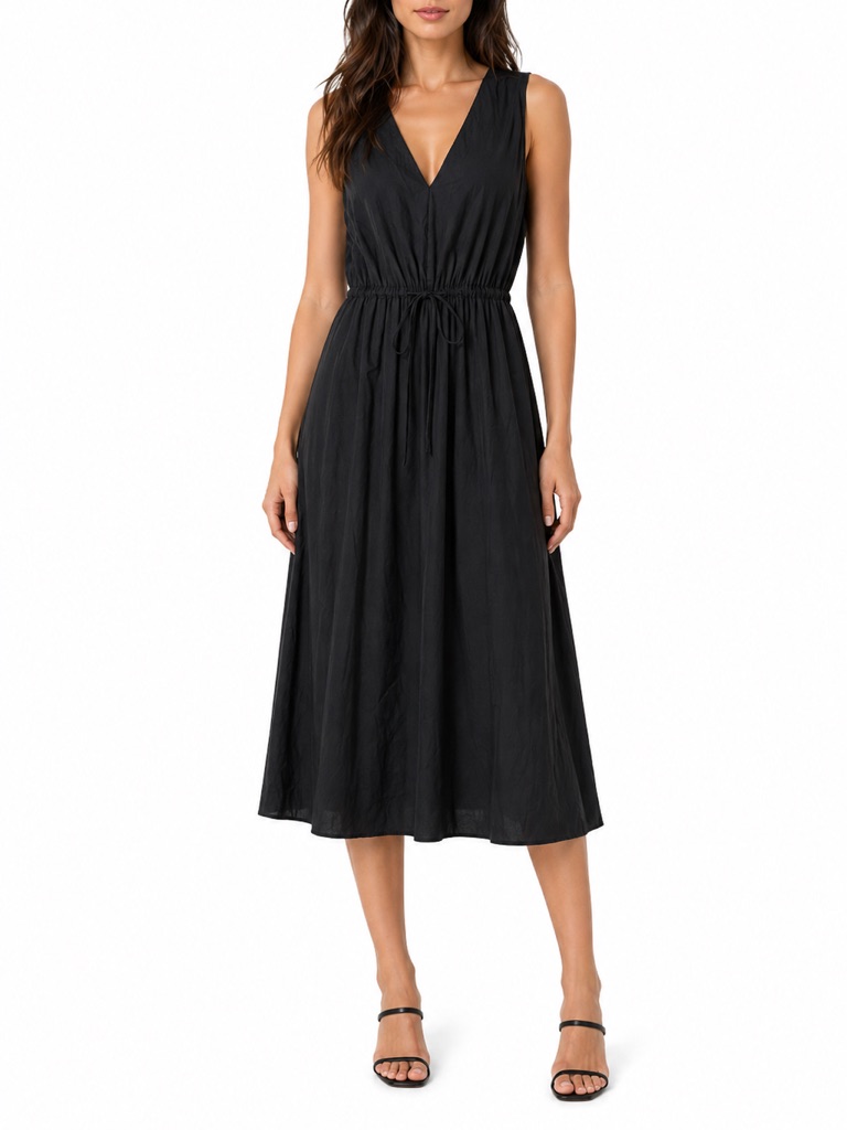 Vince. Drawstring V Neck Linen Blend Dress In Black